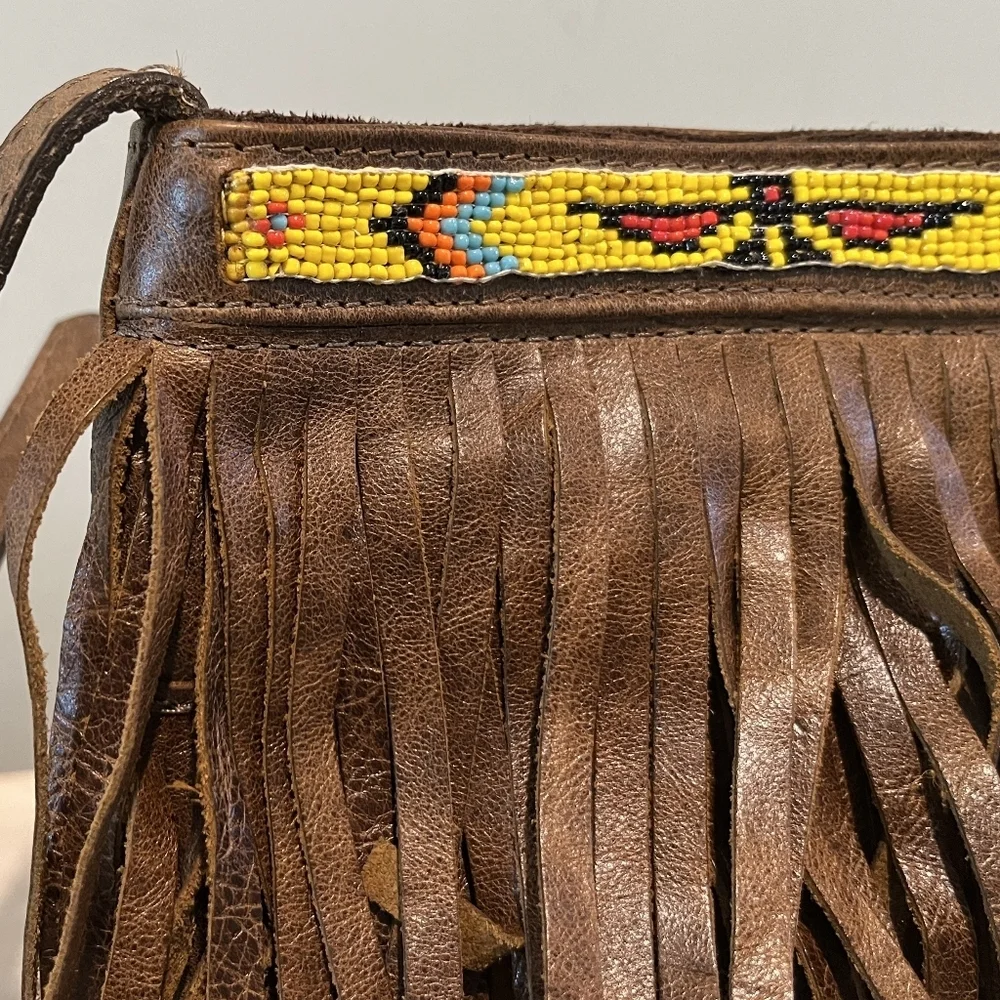 Streets Ahead Beaded & Fringed Italian Leather Boho Crossbody Made in US…